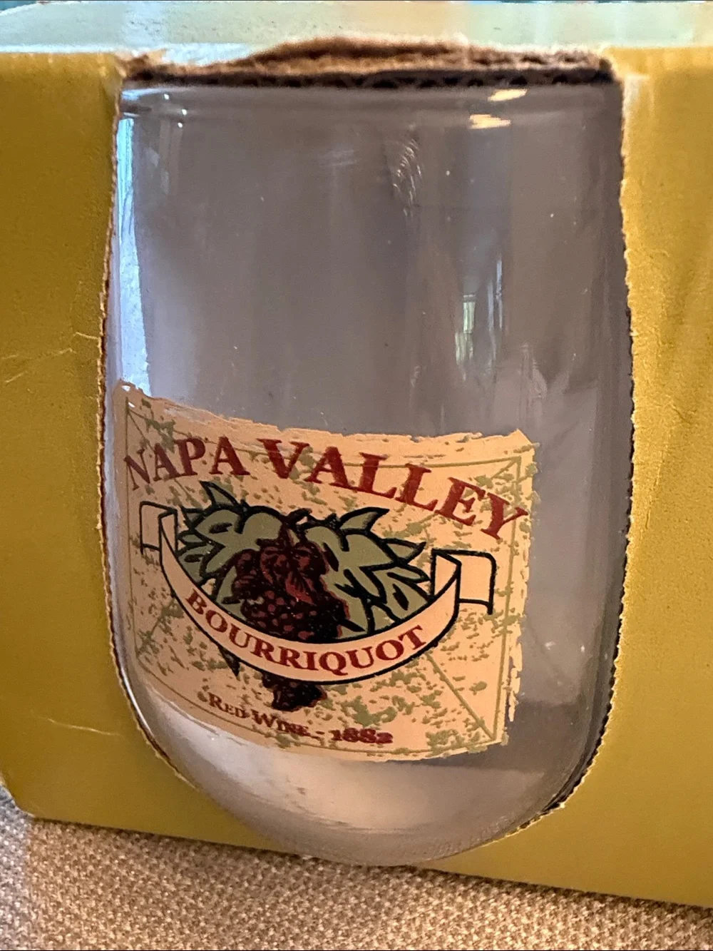 Pier 1 Wine Glasses Set - Yellow Box with Vintage Label Accents